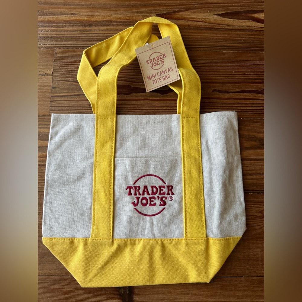 Trader Joe’s Mini Canvas Tote Bag Yellow & Natural NWT Reusable Grocery Bag